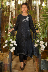 Ochre Clothing Girls Full Suits Sequence Net Hand Adda Work 3 Pc Suit