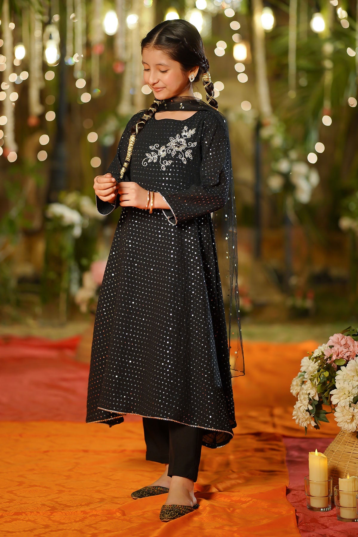 Ochre Clothing Girls Full Suits Sequence Net Hand Adda Work 3 Pc Suit