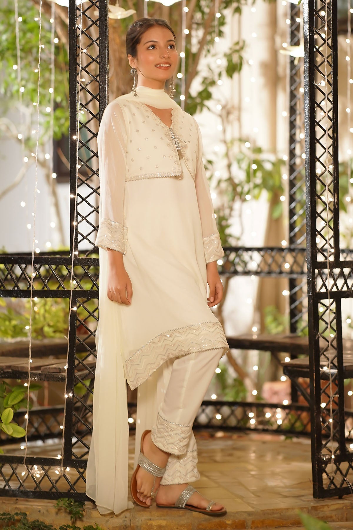 Ochre Clothing Girls Full Suits Chiffon Embroidered 3 Pc Suit