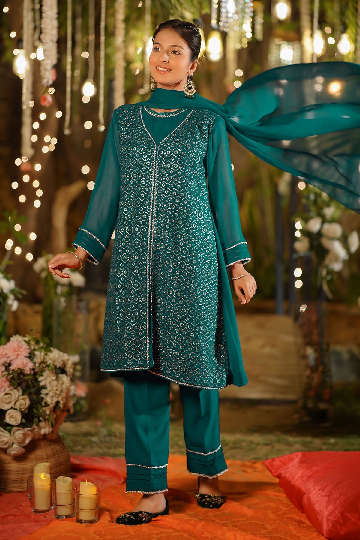 Ochre Clothing Girls Full Suits Chiffon Embroidered 3 Pc Suit