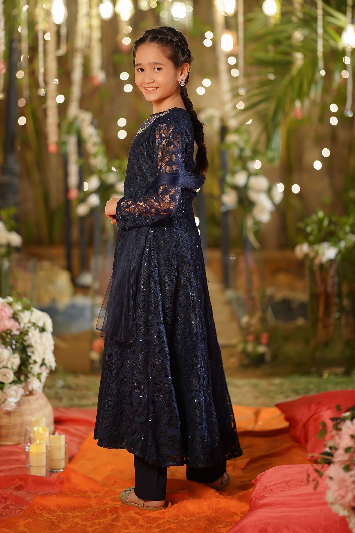 Ochre Clothing Girls Full Suits Sequence Net Hand Adda Work 3 Pc Suit