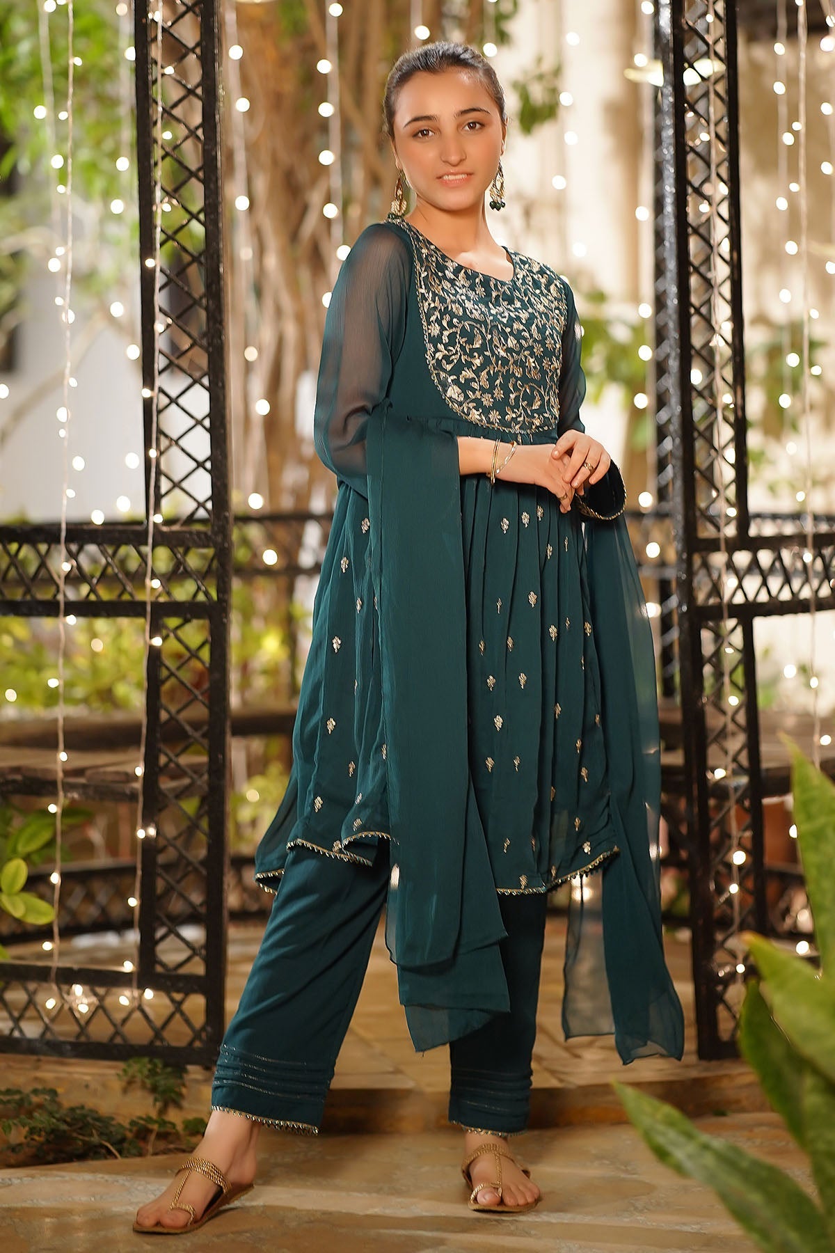 Ochre Clothing Girls Full Suits Chiffon Embroidered 3 Pc Suit