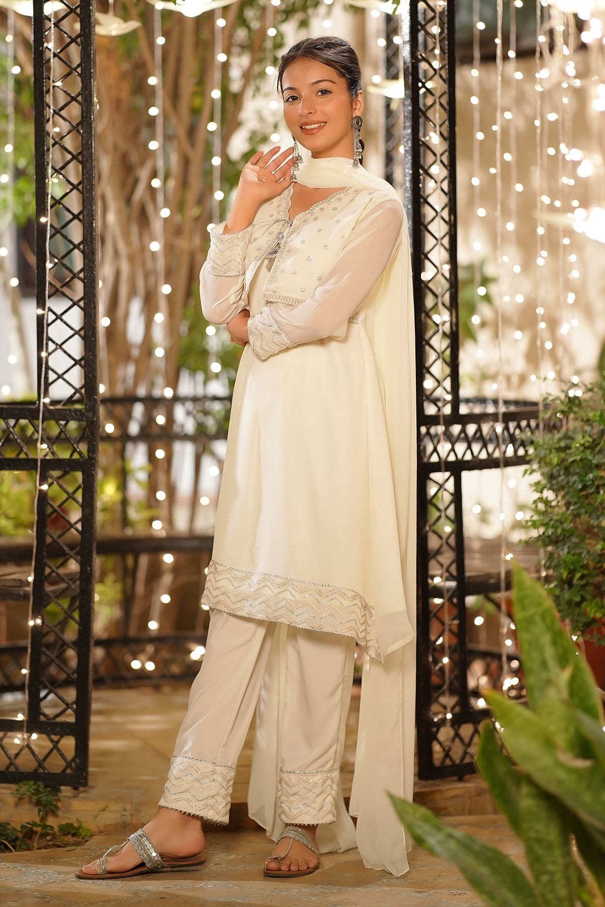 Ochre Clothing Girls Full Suits Chiffon Embroidered 3 Pc Suit