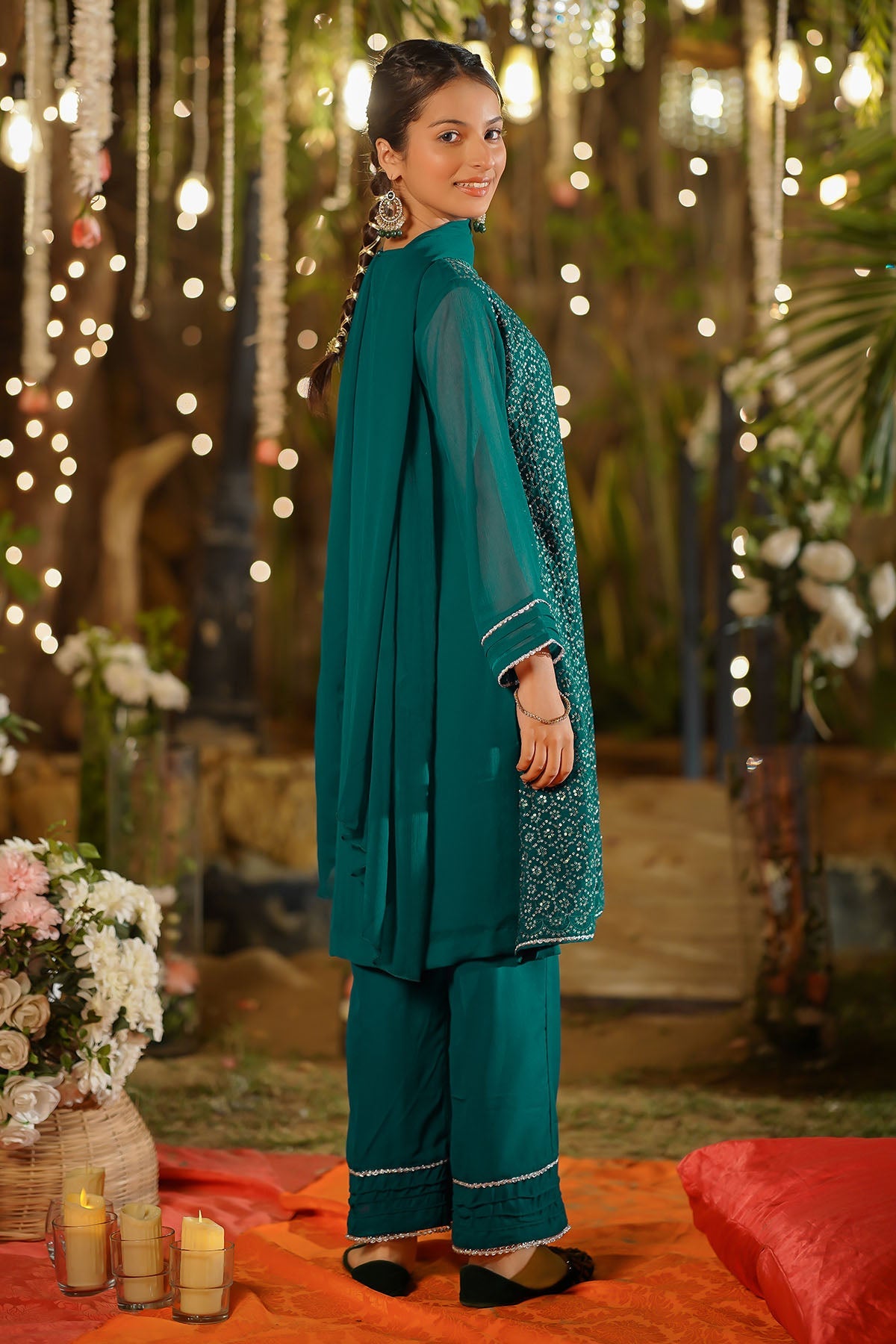 Ochre Clothing Girls Full Suits Chiffon Embroidered 3 Pc Suit
