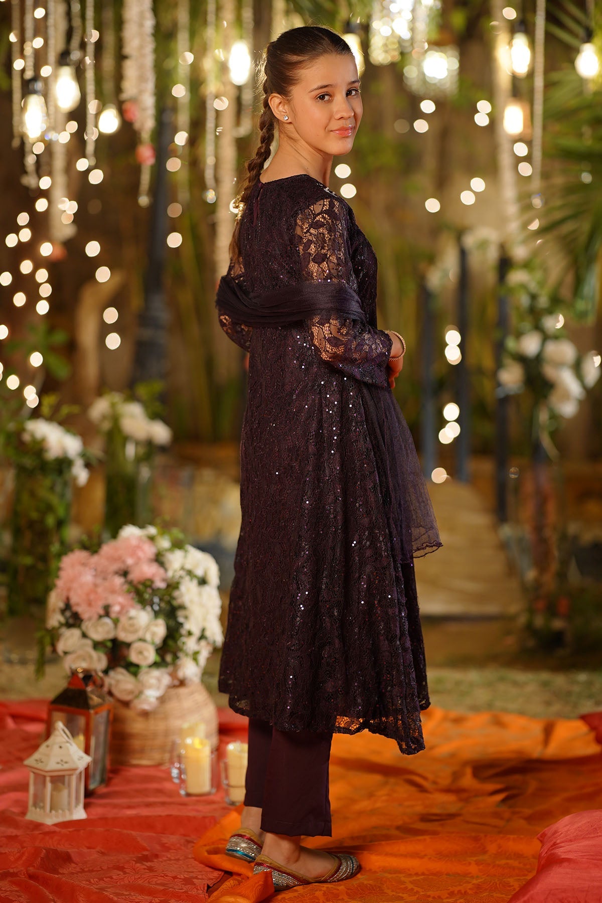 Ochre Clothing Girls Full Suits Sequence Net Hand Adda Work 3 Pc Suit