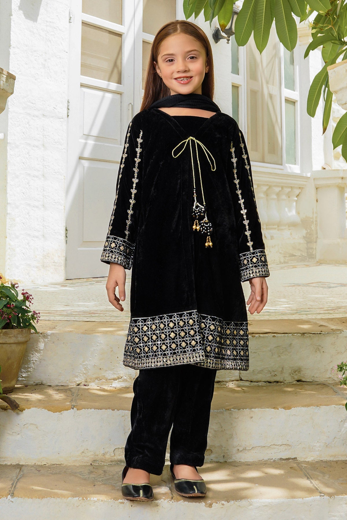 Velvet Embroidered 3 Pc Suit - Wear Ochre