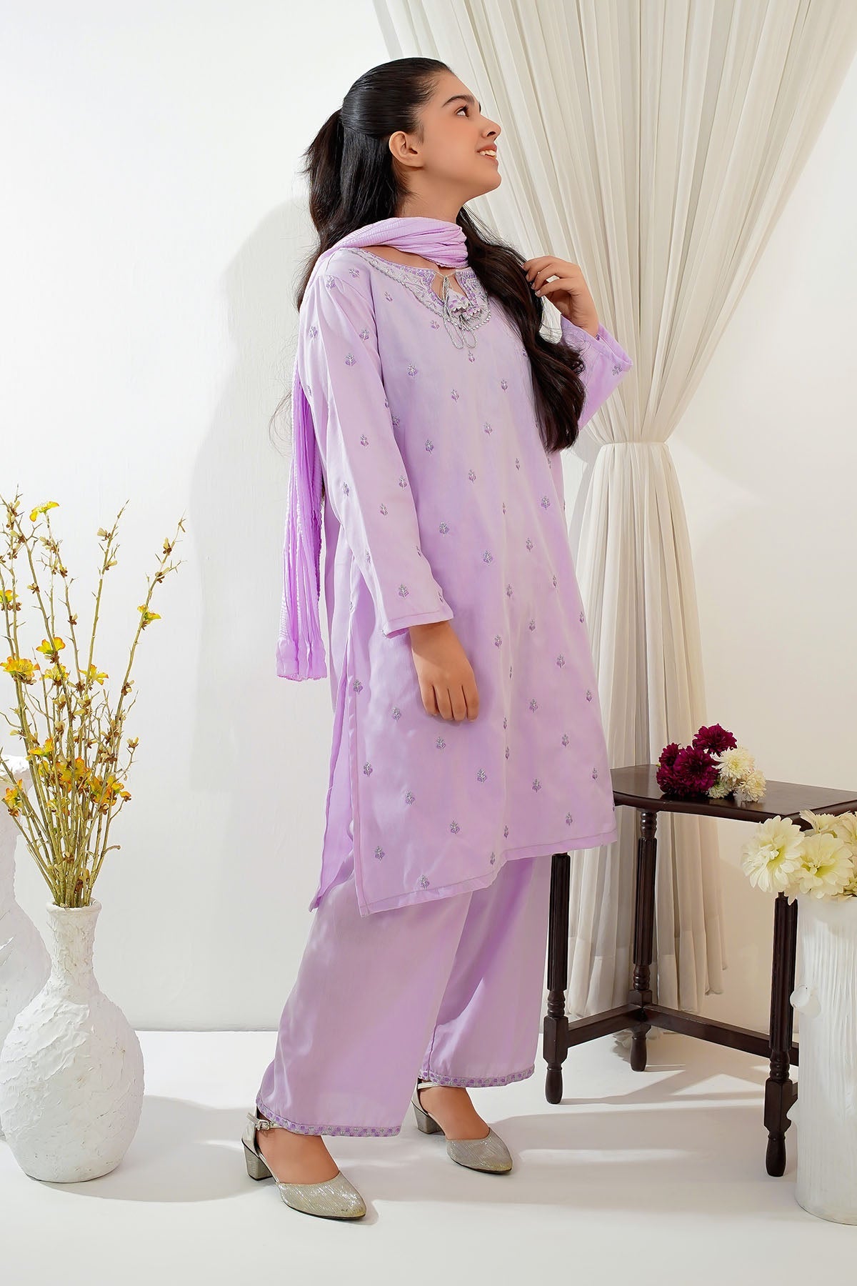Ochre Clothing Girls Full Suits Cotton Embroidered 3 Pc Suit