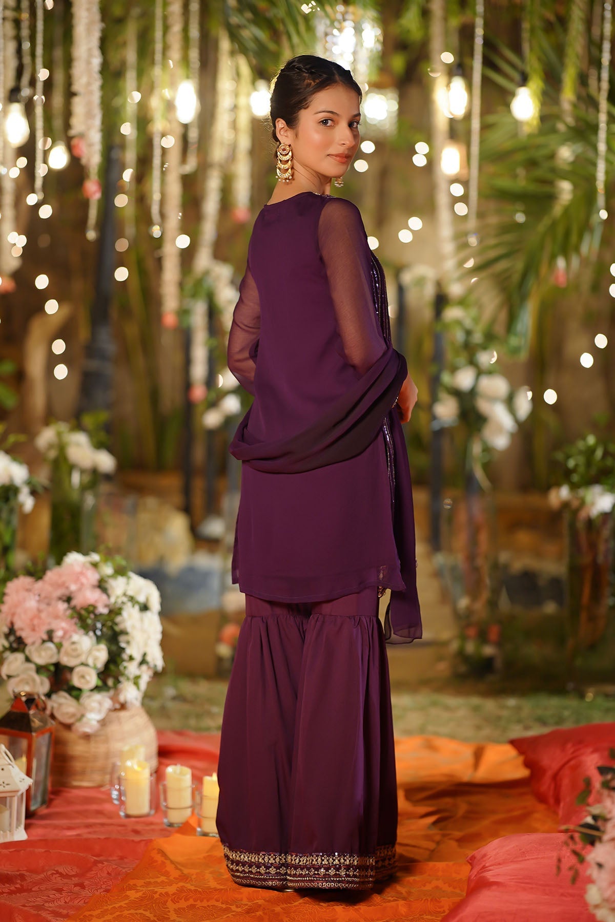 Ochre Clothing Girls Full Suits Chiffon Embroidered 3 Pc Suit