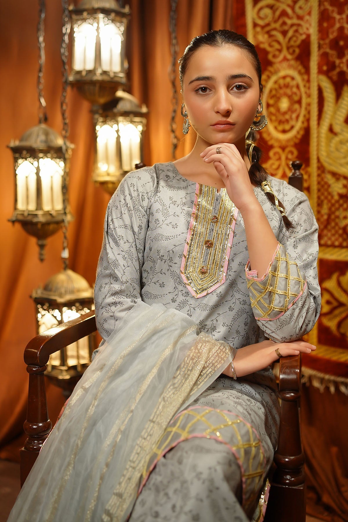 Ochre Clothing Girls Full Suits Cotton Silk Embellished 3 Pc Suit