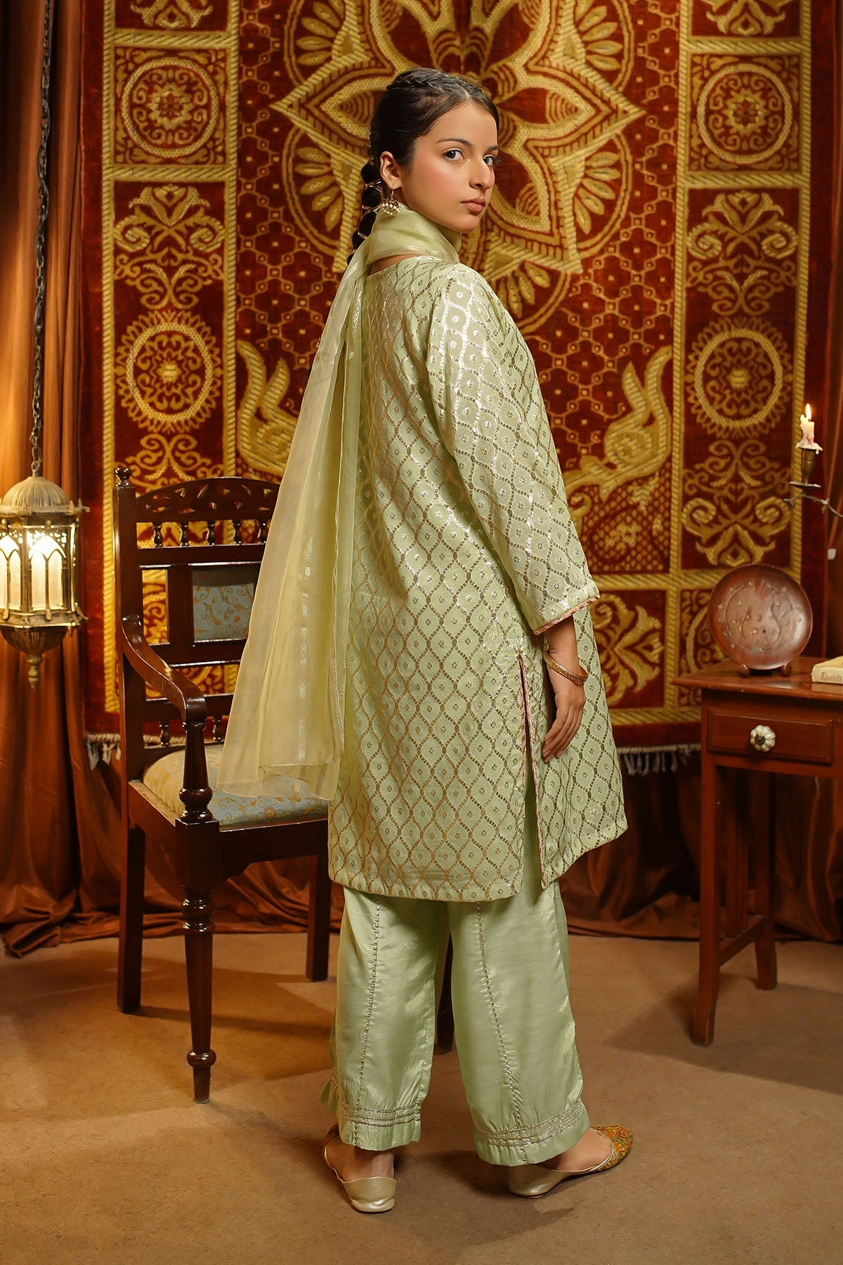 Ochre Clothing Girls Full Suits Viscose Jacquard Hand Adda Work 3 Pc  Suit