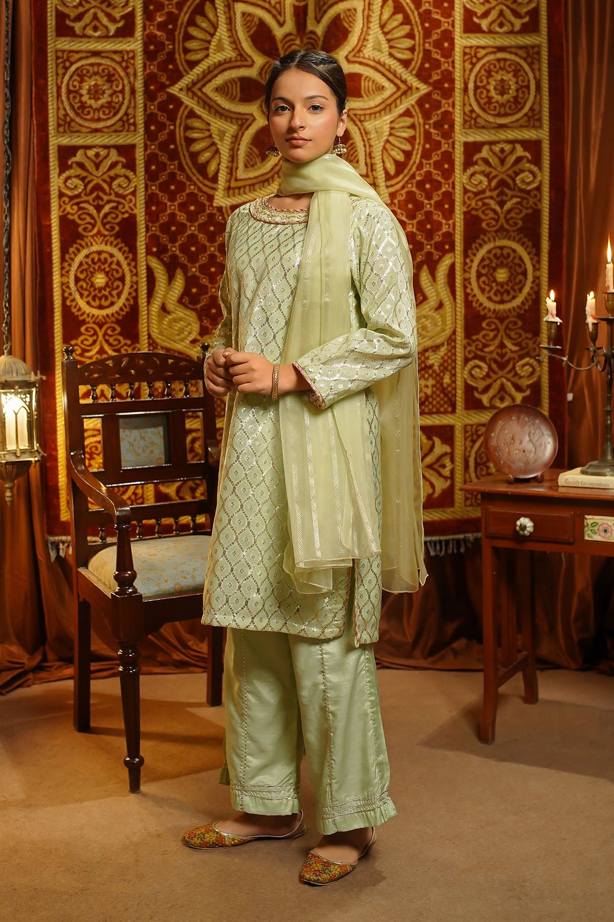 Ochre Clothing Girls Full Suits Viscose Jacquard Hand Adda Work 3 Pc  Suit