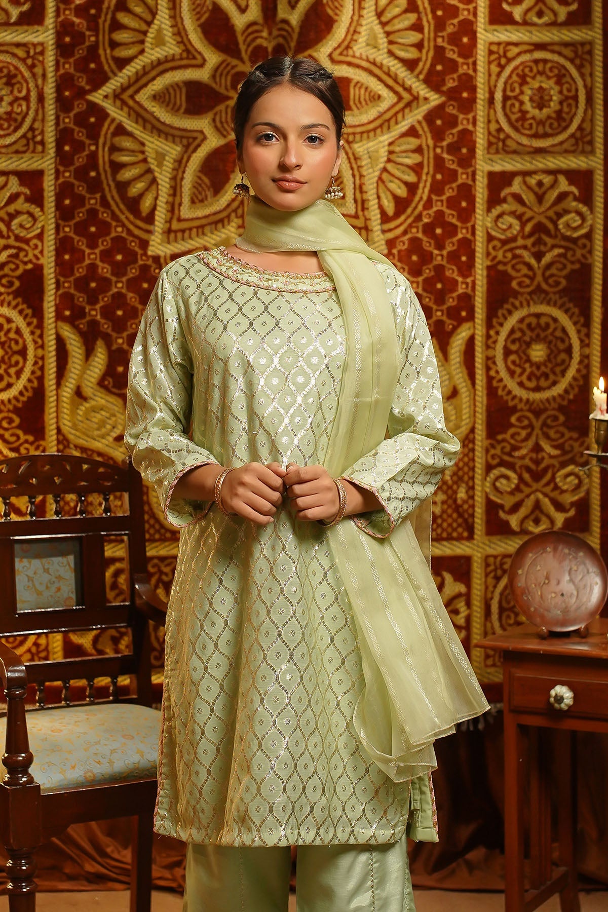 Ochre Clothing Girls Full Suits Viscose Jacquard Hand Adda Work 3 Pc  Suit
