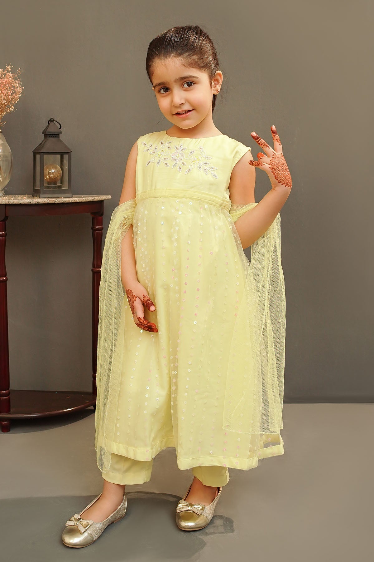 Sequence Net Hand Adda Work 3 Pc Suit - Wear Ochre