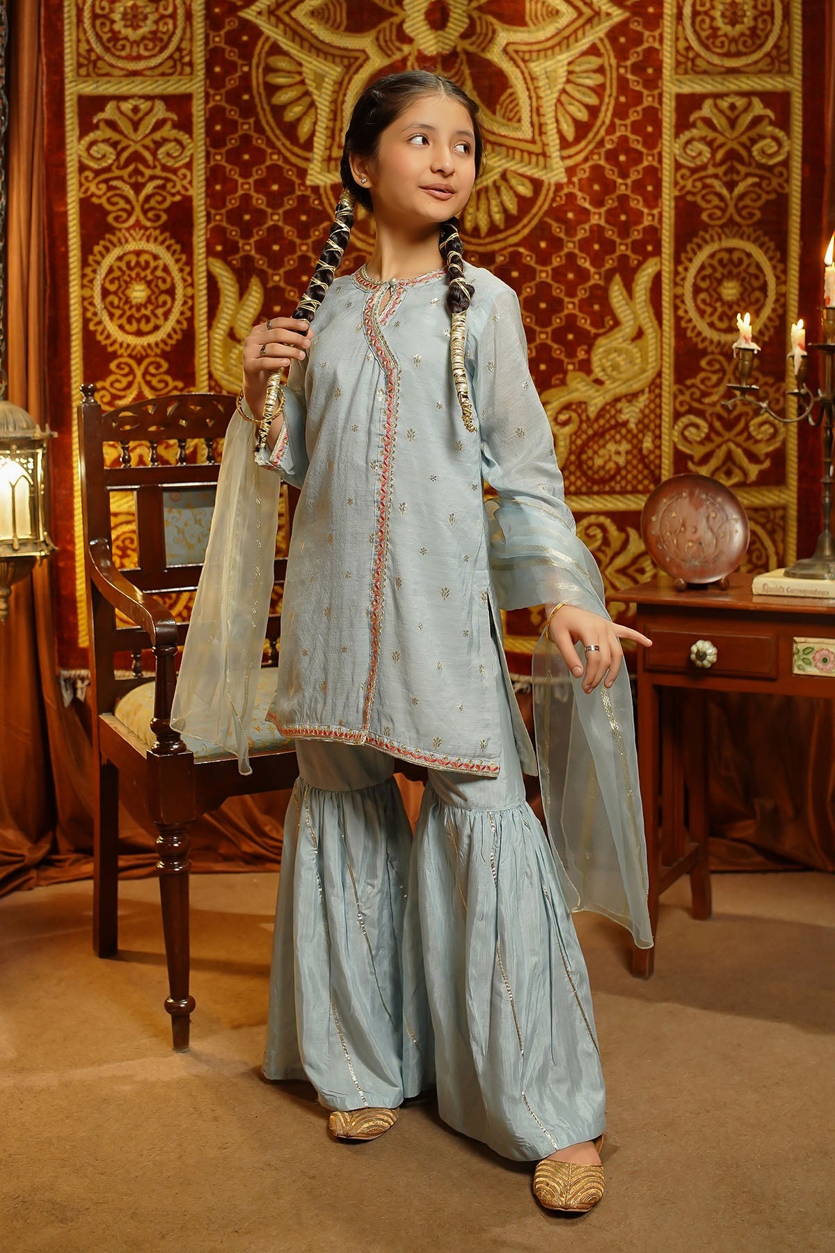 Ochre Clothing Girls Full Suits Cotton Silk Embroidered 3 Pc Suit