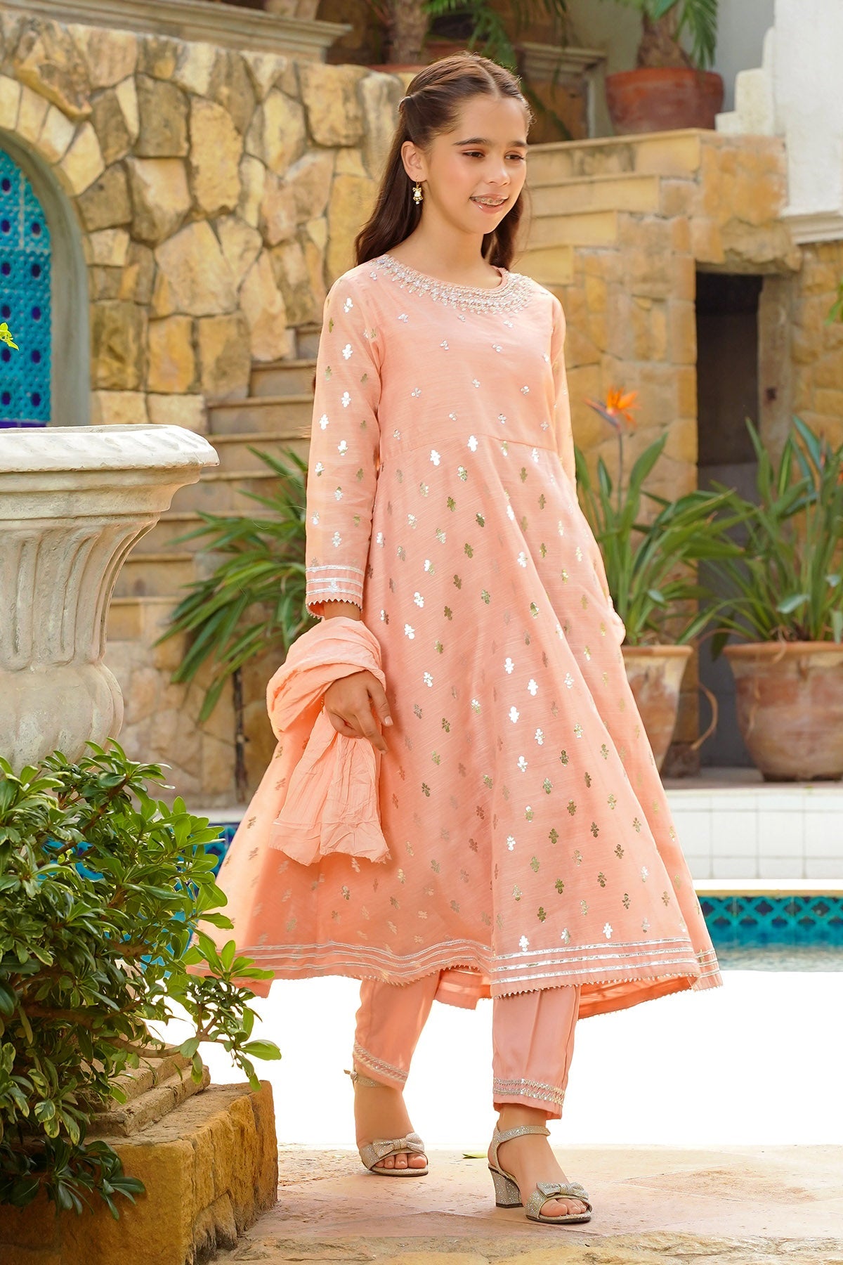 Slub Manar Hand Adda Work 3 Pc - Wear Ochre
