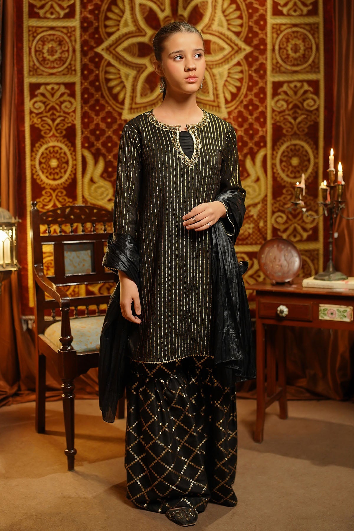Ochre Clothing Girls Full Suits Viscose Jacquard Hand Adda Work 3 Pc  Suit