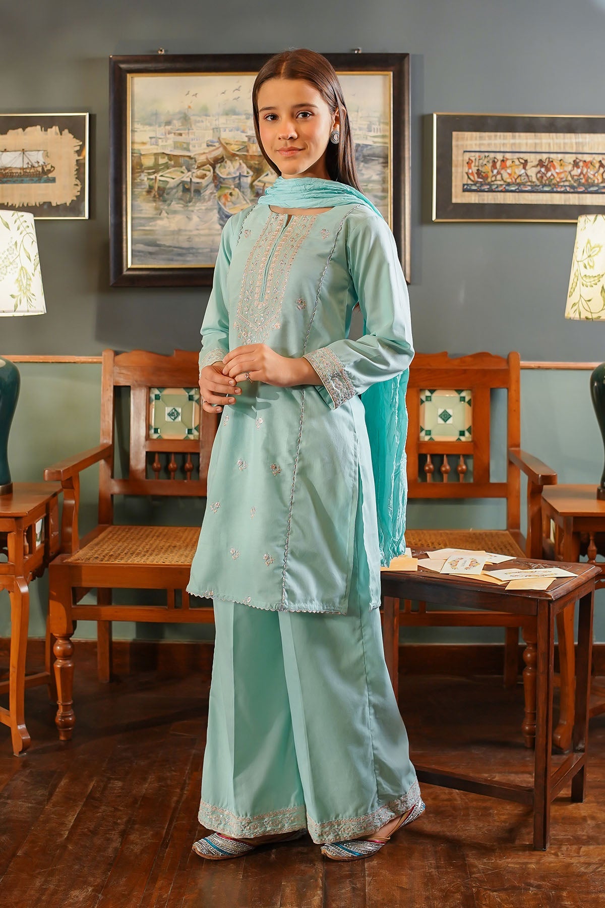 Ochre Clothing Girls Full Suits Cotton Embroidered 3 Pc Suit