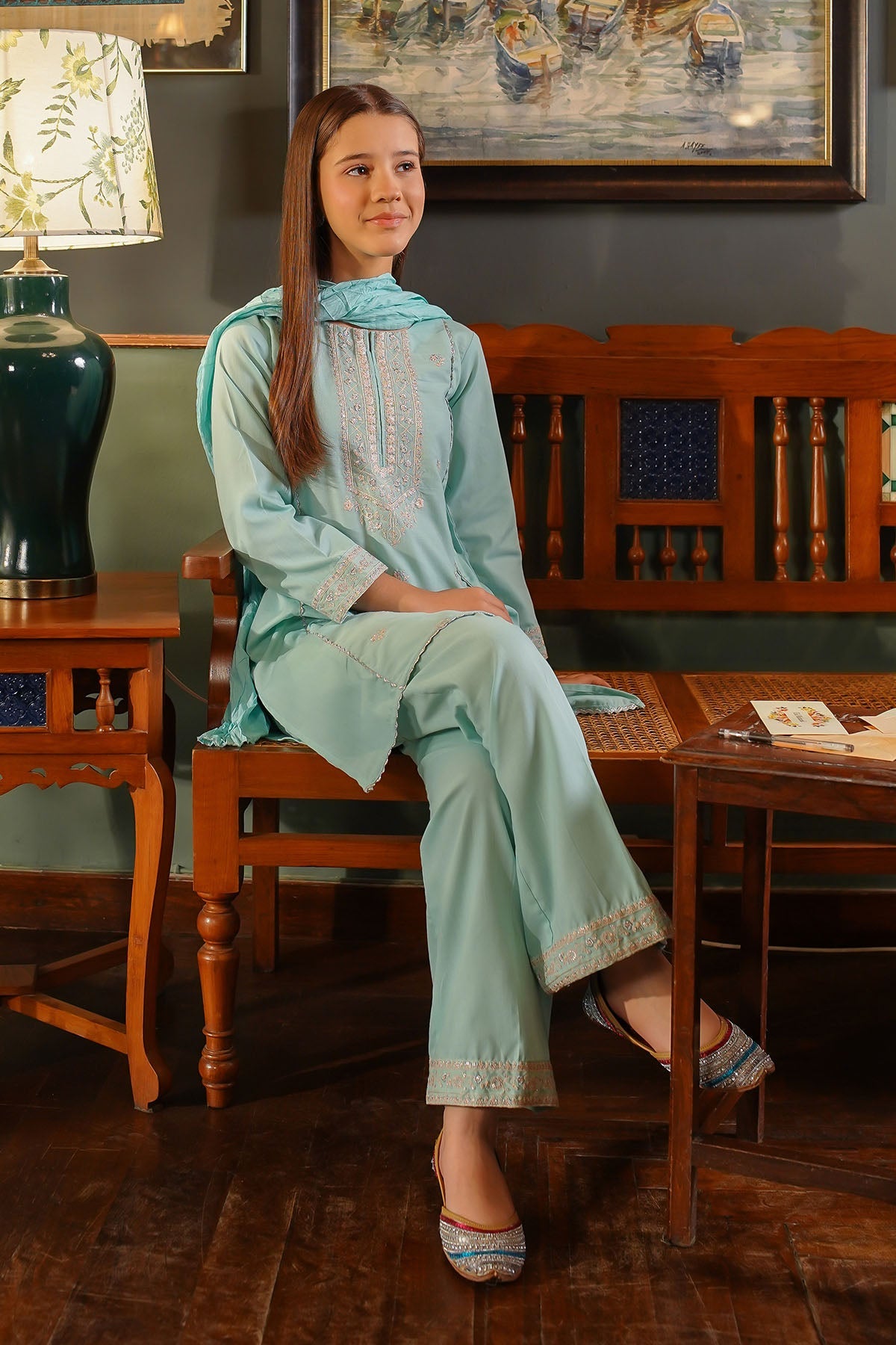 Ochre Clothing Girls Full Suits Cotton Embroidered 3 Pc Suit
