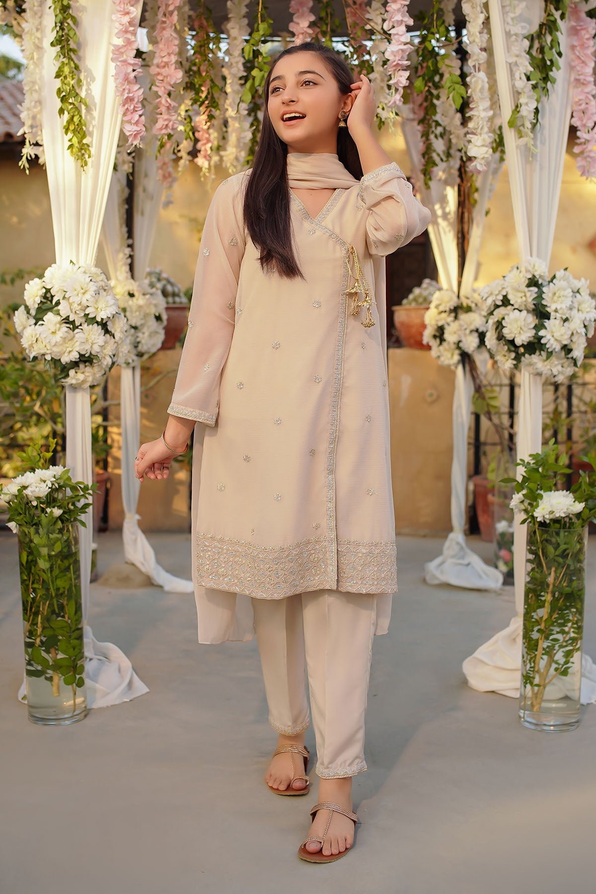 Ochre Clothing Girls Full Suits Chiffon Embroidered 3 Pc Suit