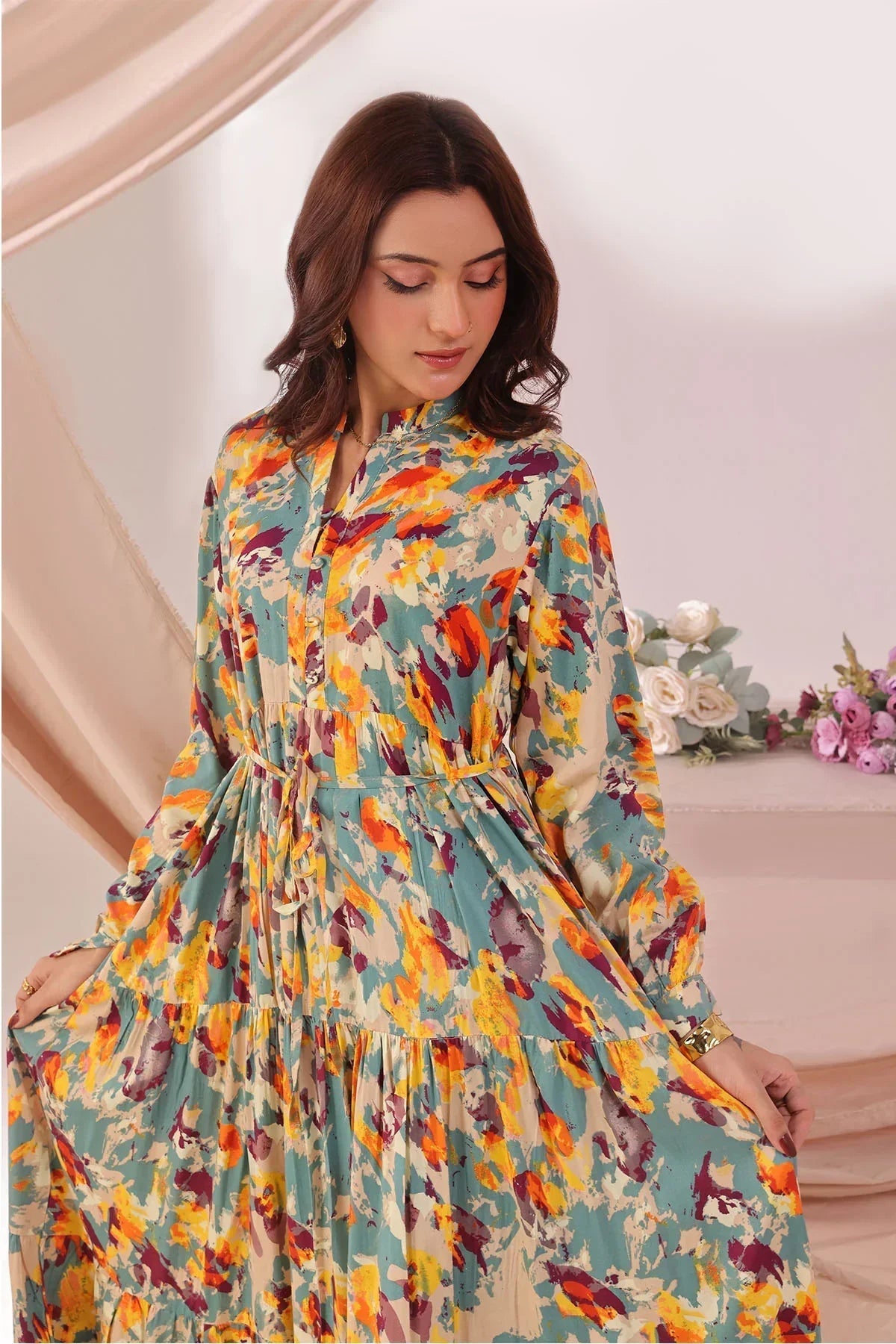 Best Women's Boski Linen Printed Dress - Wear Ochre -