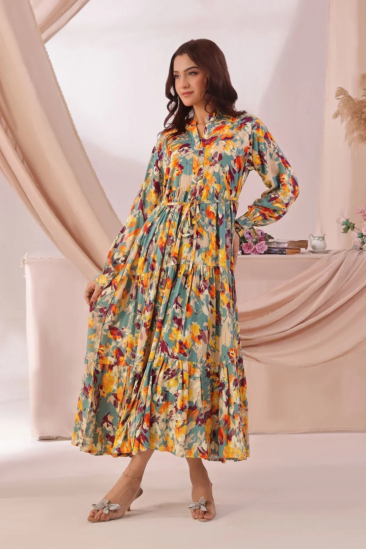 Best Women's Boski Linen Printed Dress - Wear Ochre -