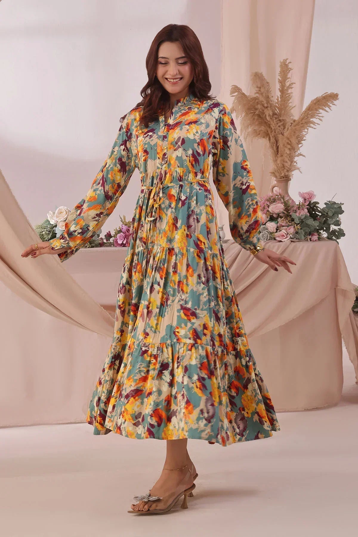 Best Women's Boski Linen Printed Dress - Wear Ochre -