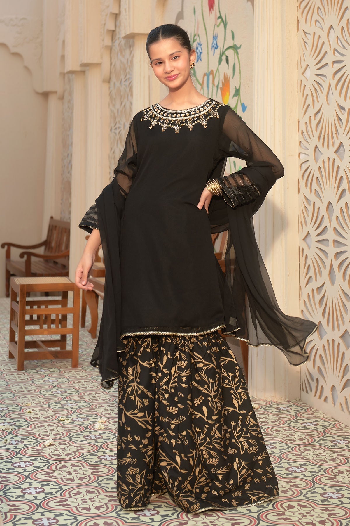 Chiffon Hand Adda Work 3 Pc Suit - Wear Ochre