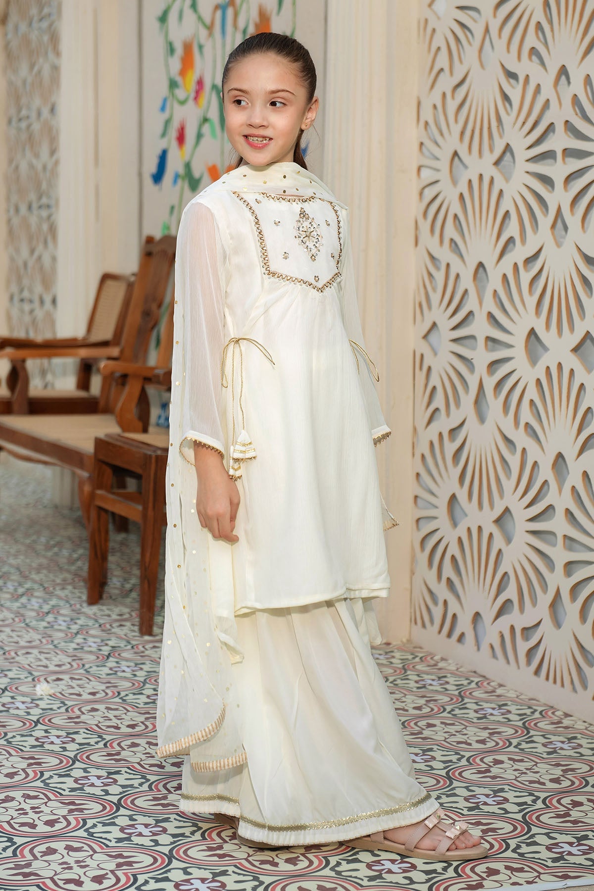 Chiffon Hand Adda Work 3 Pc Suit - Wear Ochre