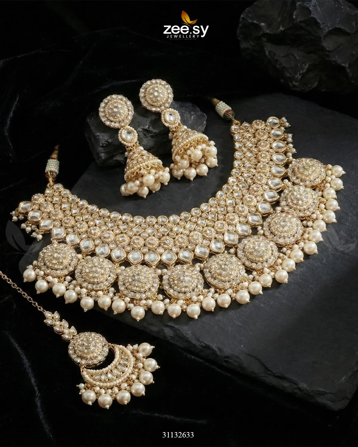 Royal Flower Kundan Bridal Set Golden Pearl - Zeesy Jewellery