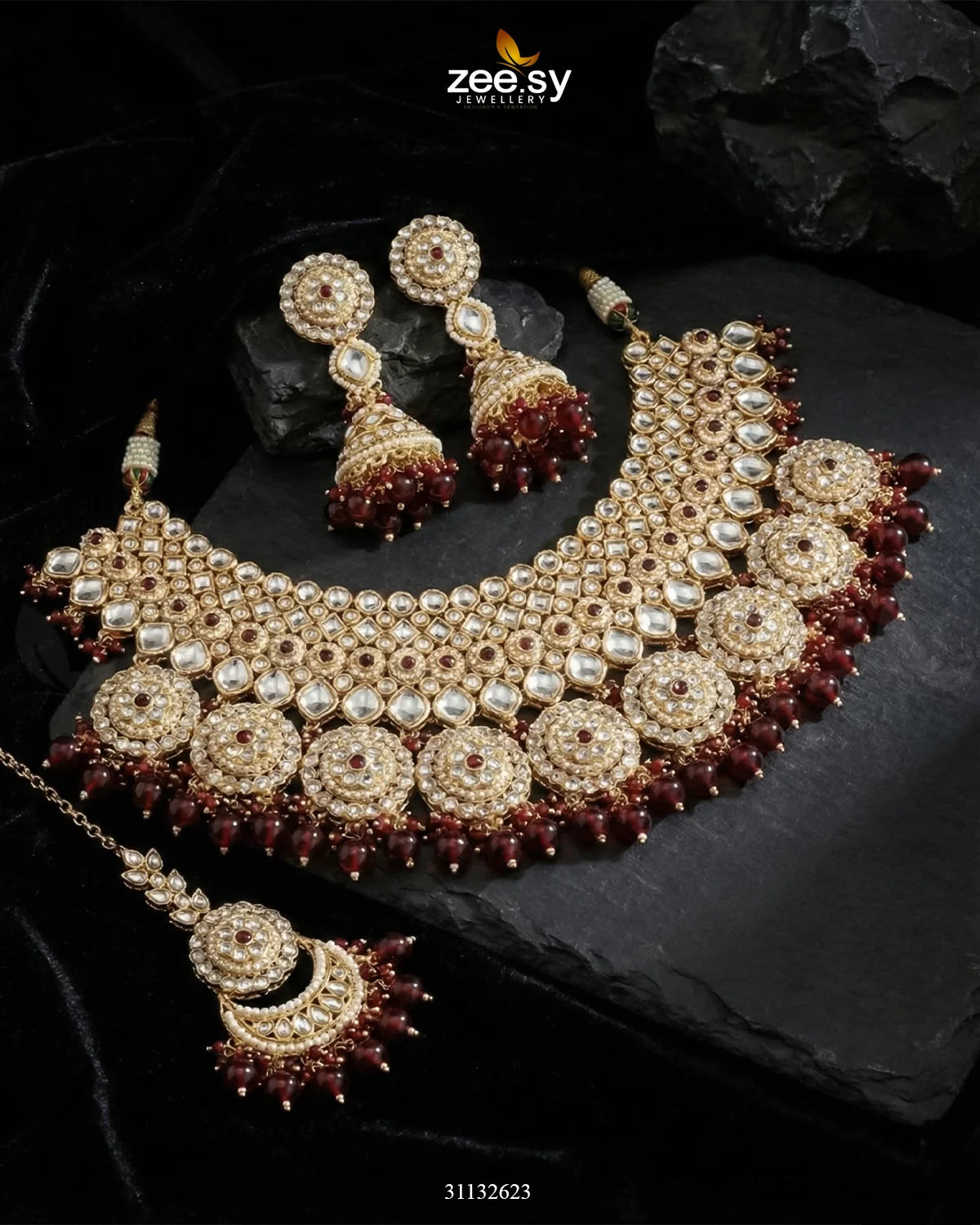 Royal Flower Kundan Bridal Set Golden Red - Zeesy Jewellery
