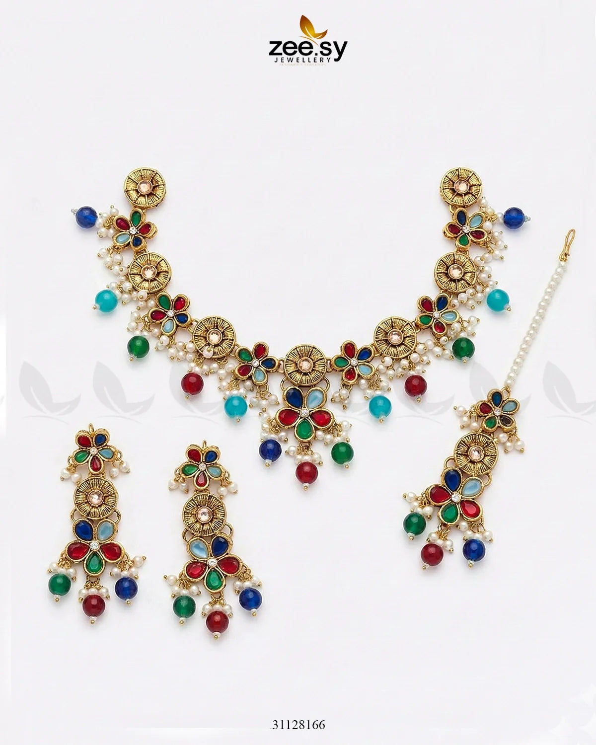 Tulshi Antique Pearl Necklace Set Golden Multi - Zeesy Jewellery