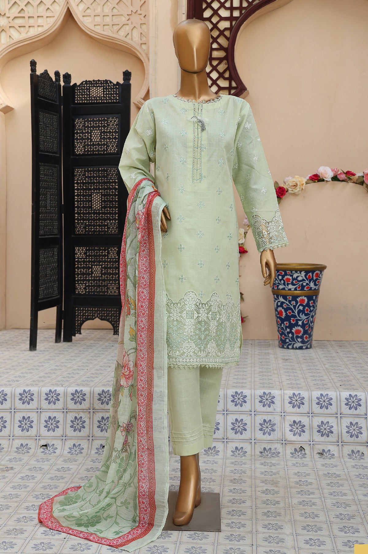 Sumi Stitched 3 Piece Emb Stiff Cotton Collection'2025-SEC-07-Mint Green