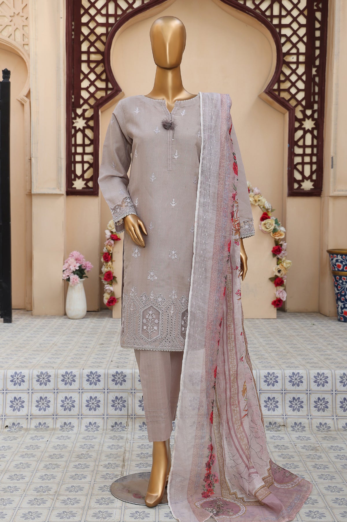 Sumi Stitched 3 Piece Emb Stiff Cotton Collection'2025-SEC-09-Dove