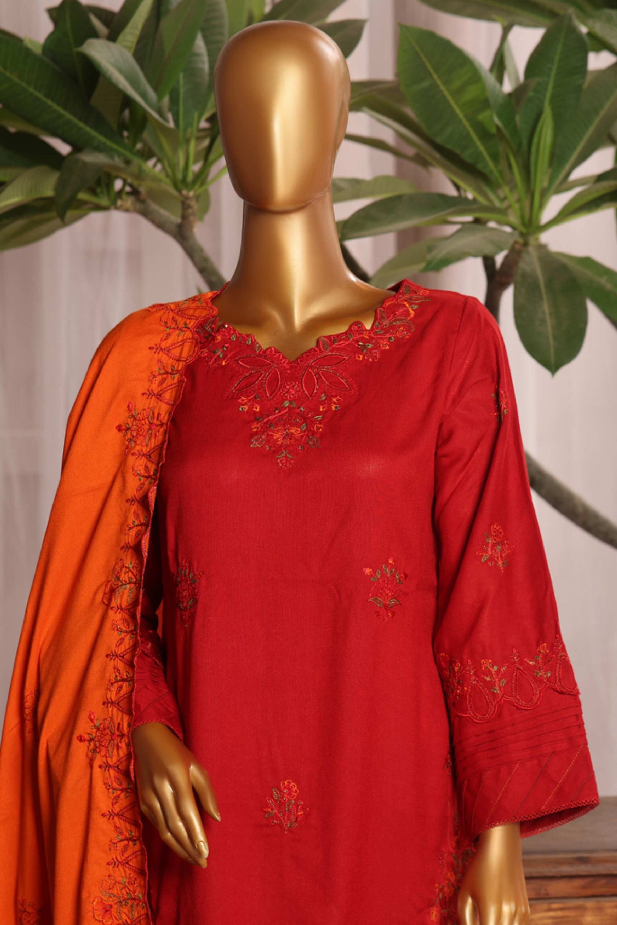 Bin Saeed Stitched 3 Piece Luxury Emb Karandi Vol-02 Collection'2024-SFB-1042-Red