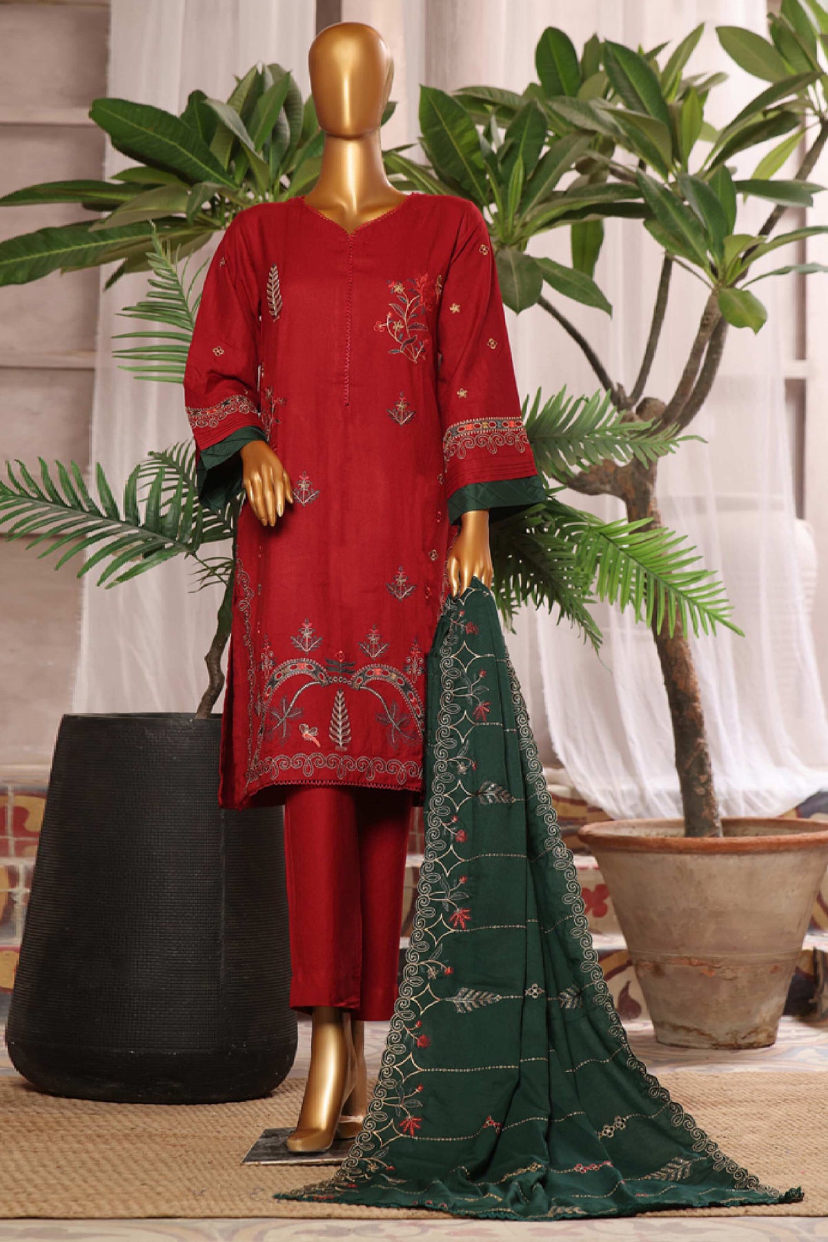 Bin Saeed Stitched 3 Piece Luxury Emb Karandi Vol-02 Collection'2024-SFB-1043-Maroon