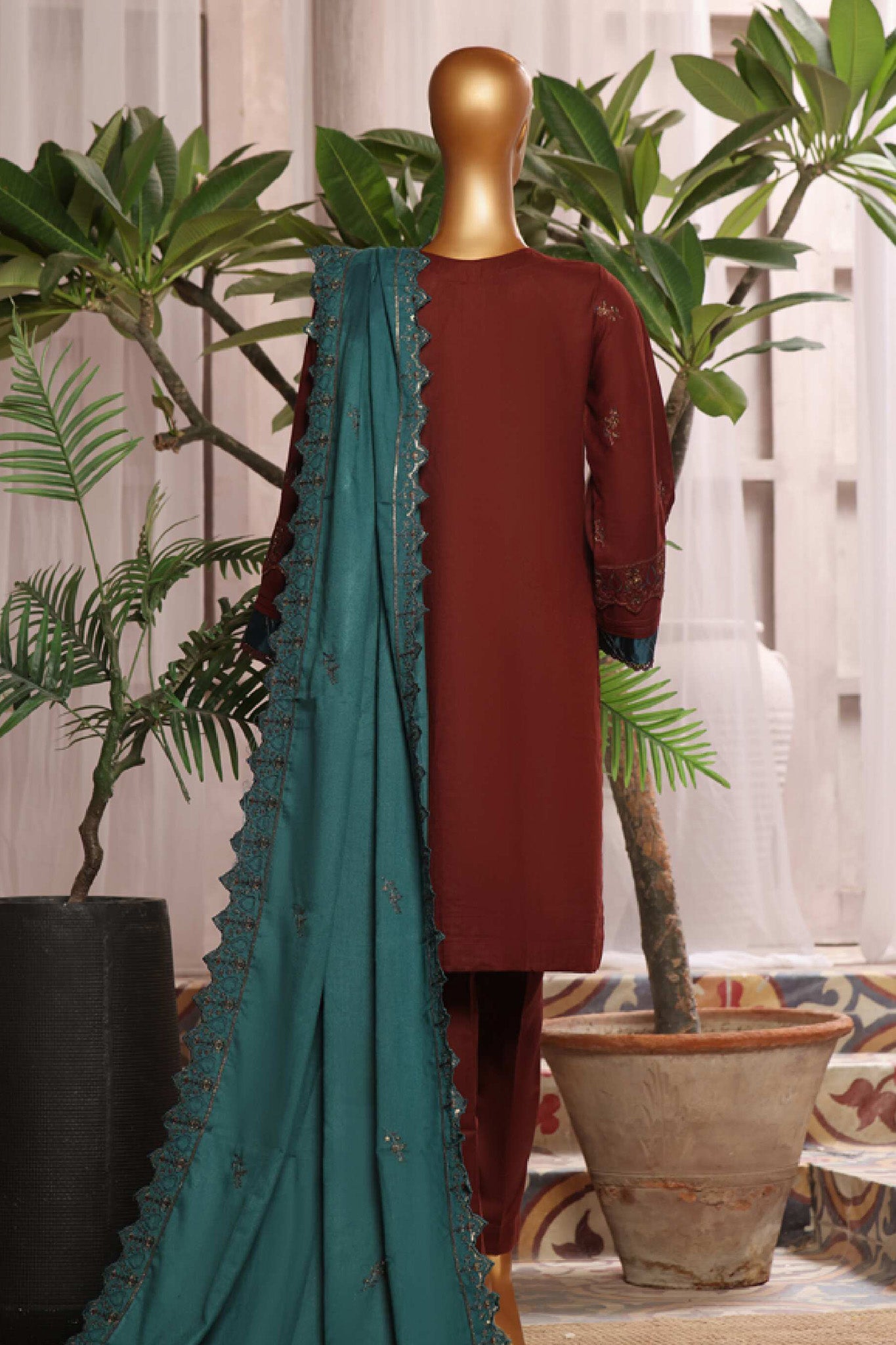 Bin Saeed Stitched 3 Piece Luxury Emb Karandi Vol-02 Collection'2024-SFB-1045-Brown