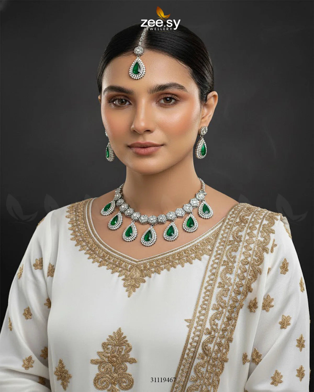 Hearth Necklace Set Silver Green - Zeesy Jewellery