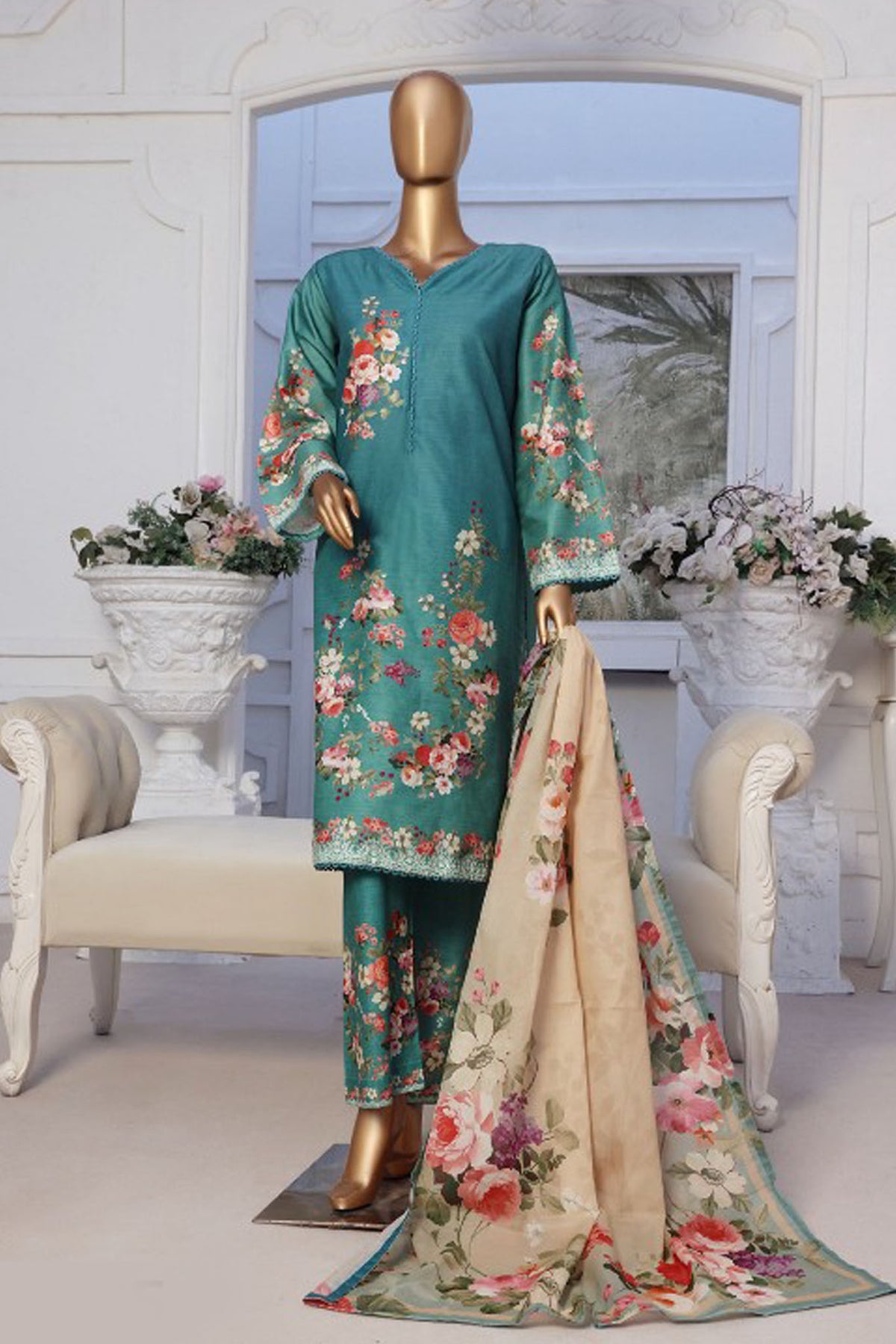 Bin Saeed Stitched 3 Piece Exclusive Printed Lawn Vol-02 Collection-SM-025-Teal