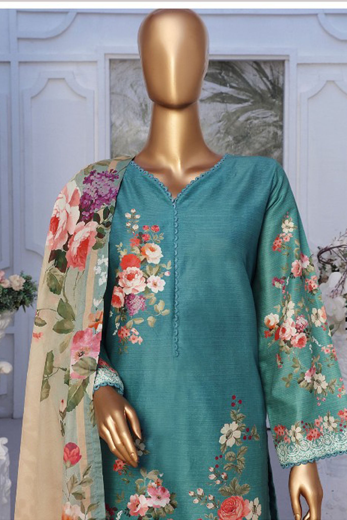 Bin Saeed Stitched 3 Piece Exclusive Printed Lawn Vol-02 Collection-SM-025-Teal