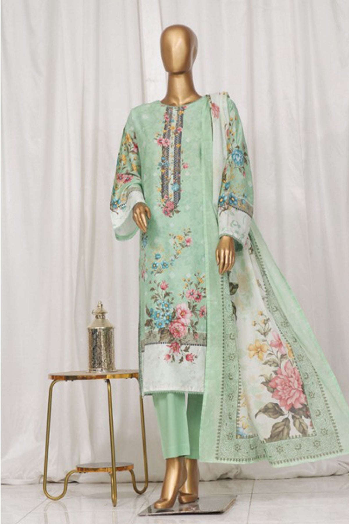 Bin Saeed Stitched 3 Piece Exclusive Printed Lawn Vol-01 Collection-SM-07-Mint