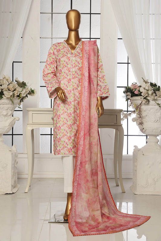 Bin Saeed Stitched 3 Piece Exclusive Printed Lawn Vol-01 Collection-SM-104-Peach