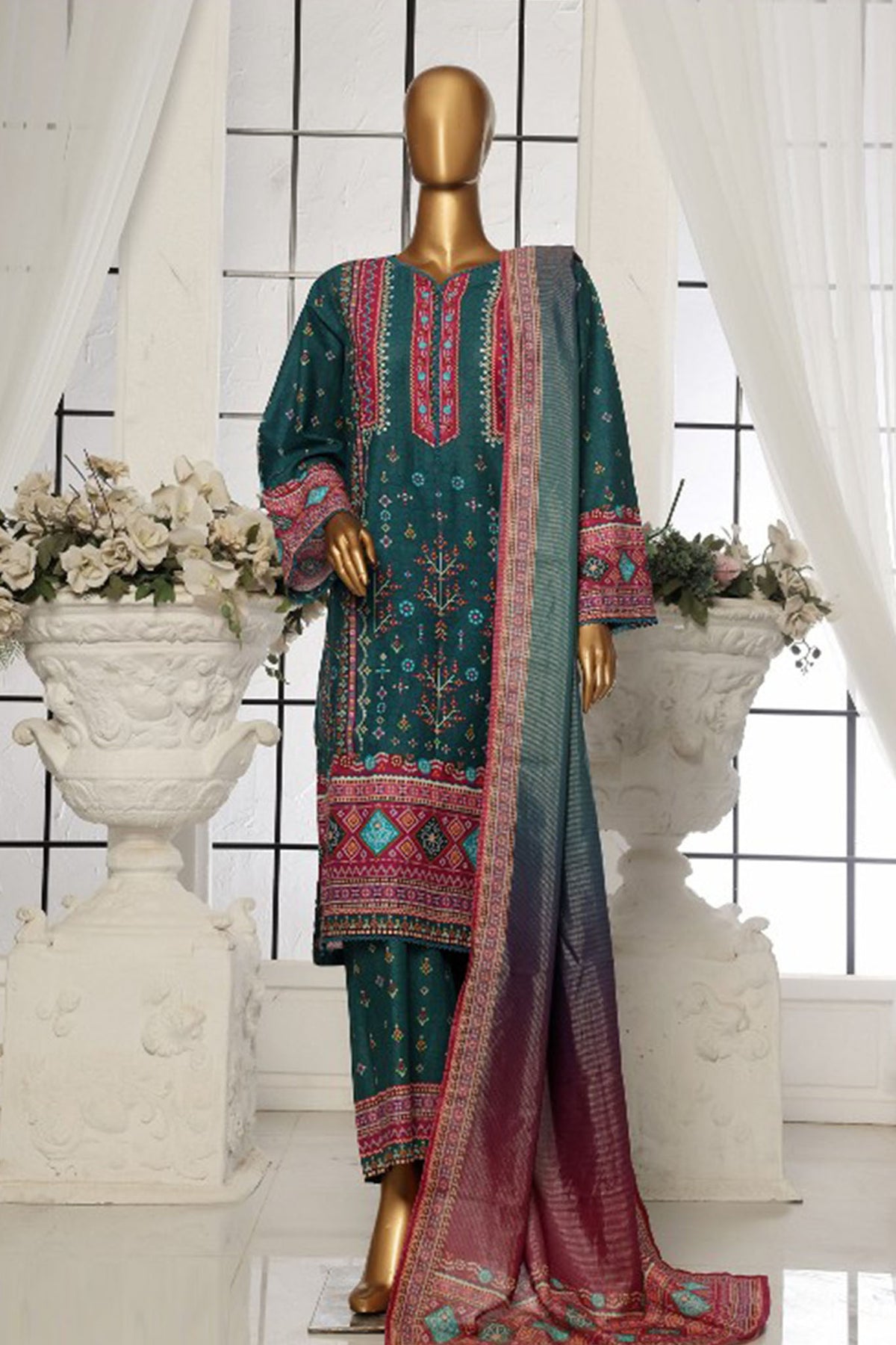 Bin Saeed Stitched 3 Piece Exclusive Printed Lawn Vol-01 Collection-SM-112-Dark Green