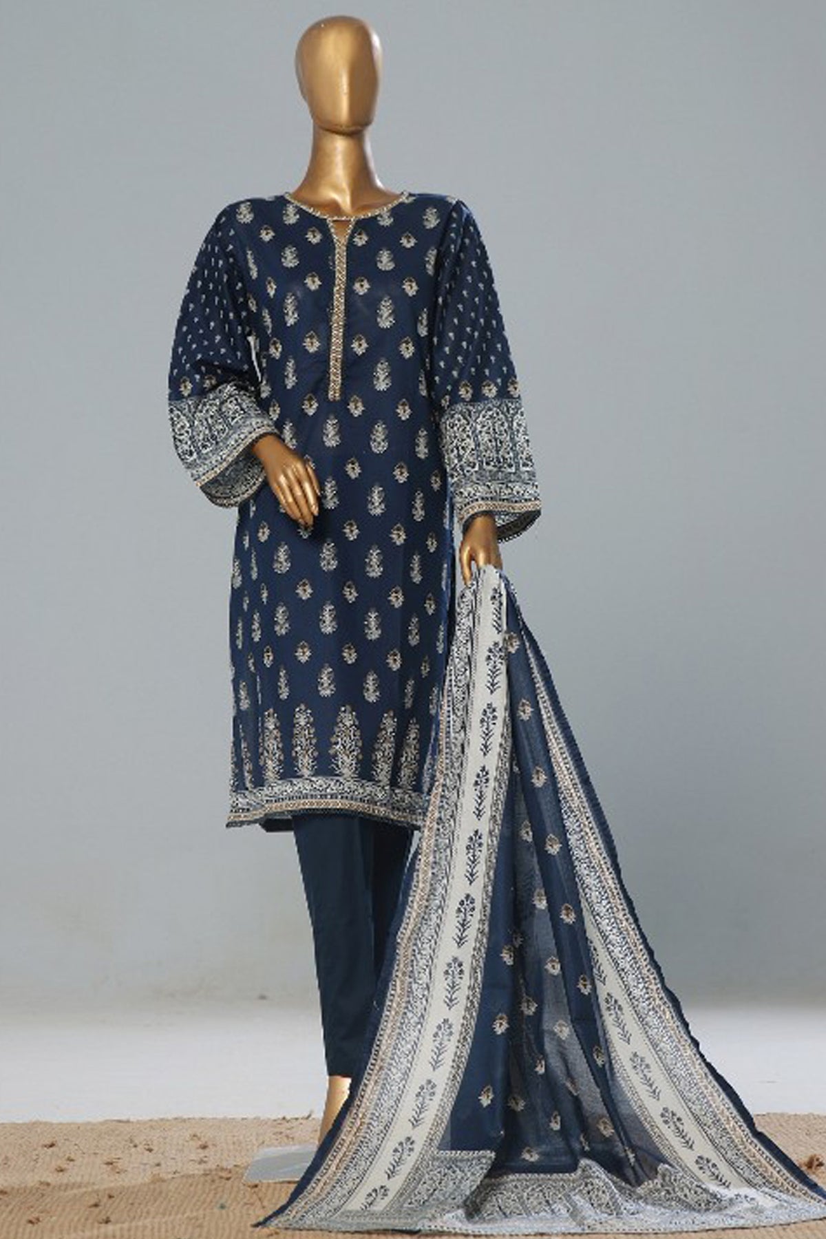 Bin Saeed Stitched 3 Piece Exclusive Printed Lawn Vol-08 Collection'2024-SM-1166-Navy Blue