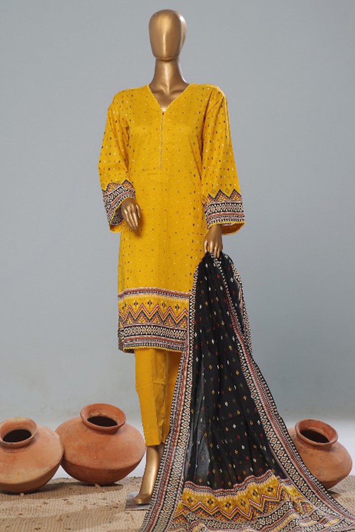 Bin Saeed Stitched 3 Piece Exclusive Printed Lawn Vol-08 Collection'2024-SM-1169-Yellow