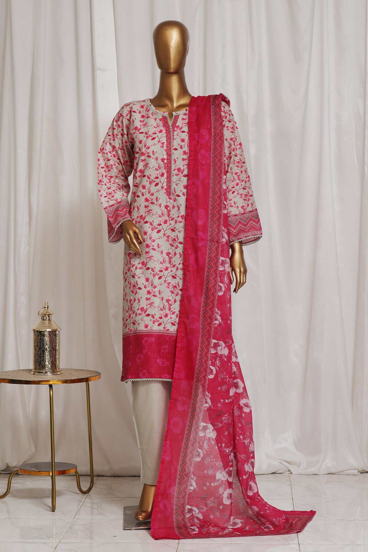 Bin Saeed Stitched 3 Piece Exclusive Printed Lawn Vol-01 Collection-SM-1340-Pink