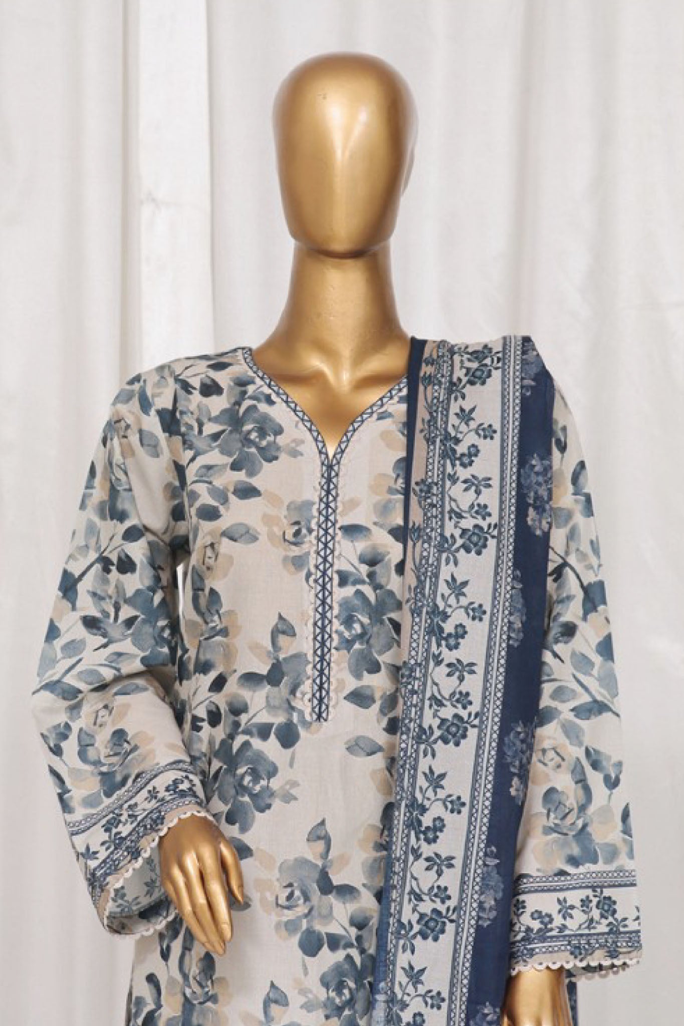 Bin Saeed Stitched 3 Piece Exclusive Printed Lawn Vol-03 Collection-SM-1348-Off White