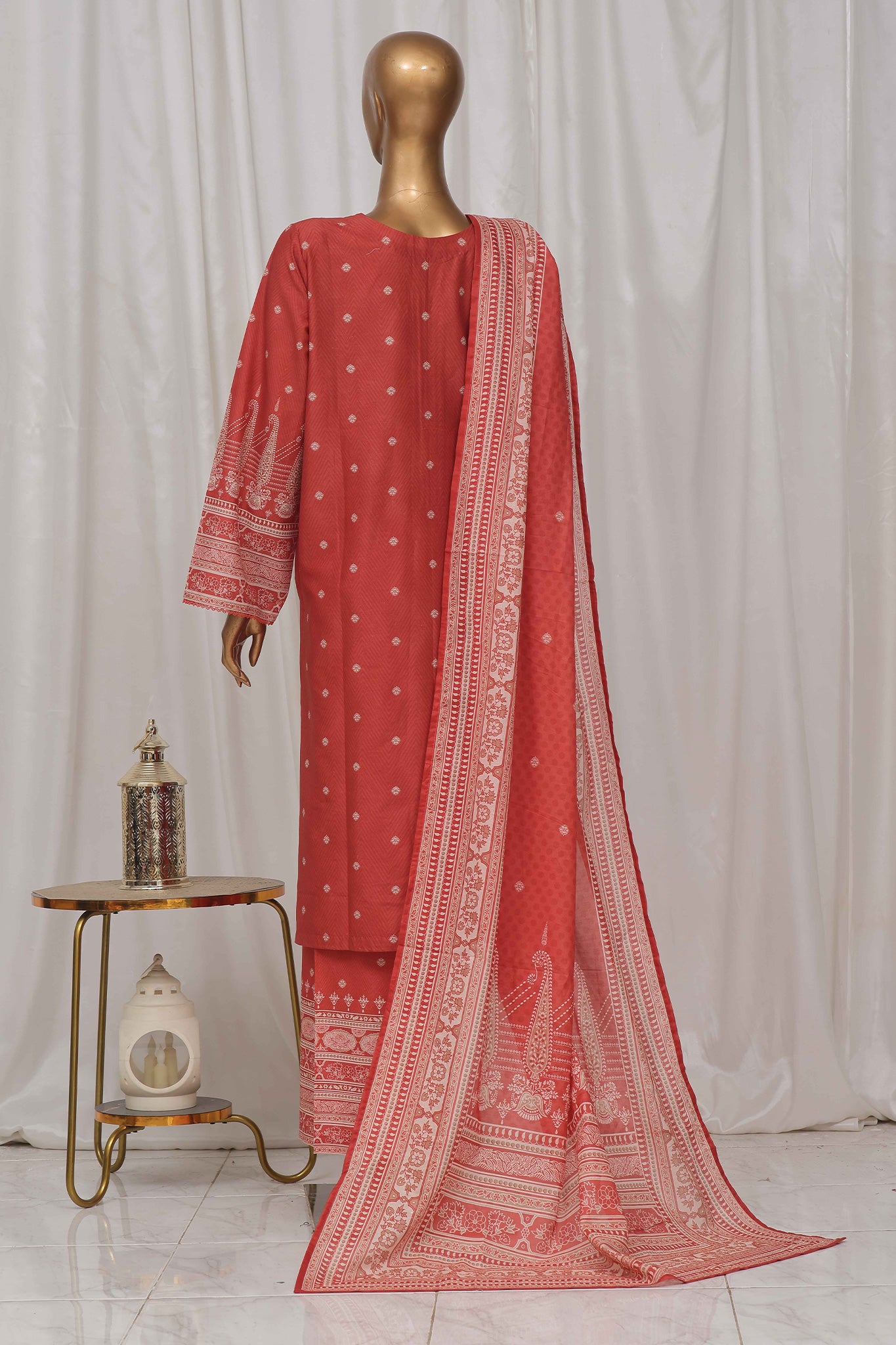 Bin Saeed Stitched 3 Piece Exclusive Printed Lawn Vol-05 Collection-SM-1358-Rust