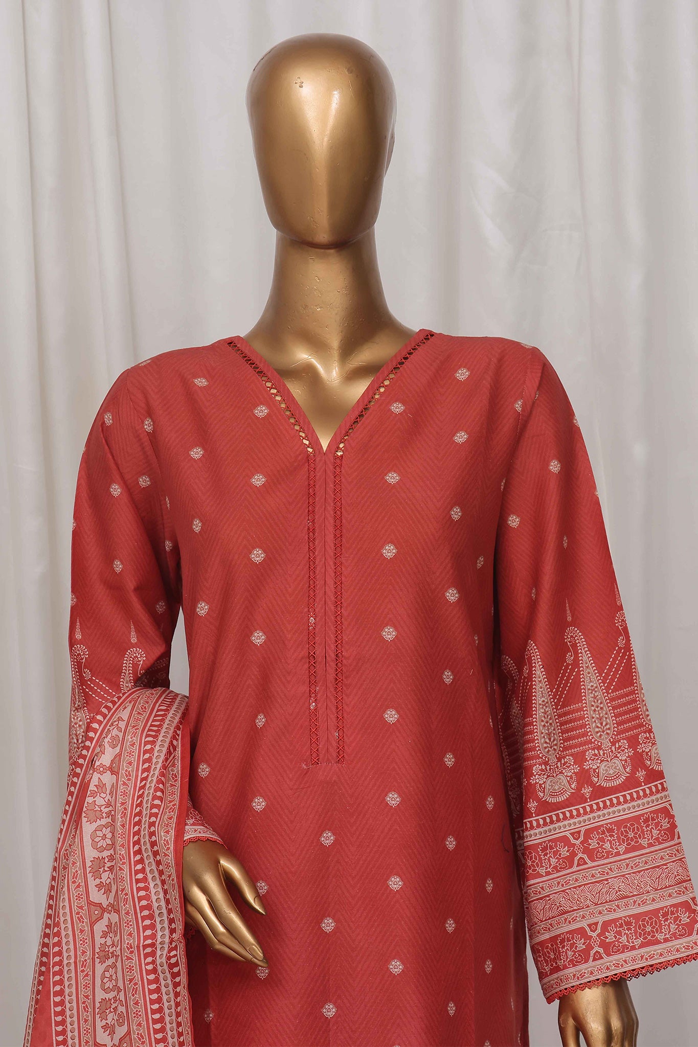 Bin Saeed Stitched 3 Piece Exclusive Printed Lawn Vol-05 Collection-SM-1358-Rust