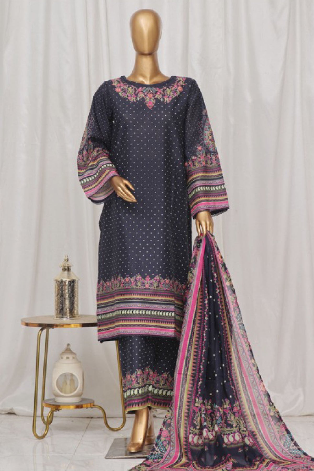 Bin Saeed Stitched 3 Piece Exclusive Printed Lawn Vol-03 Collection-SM-1359-Navy Blue