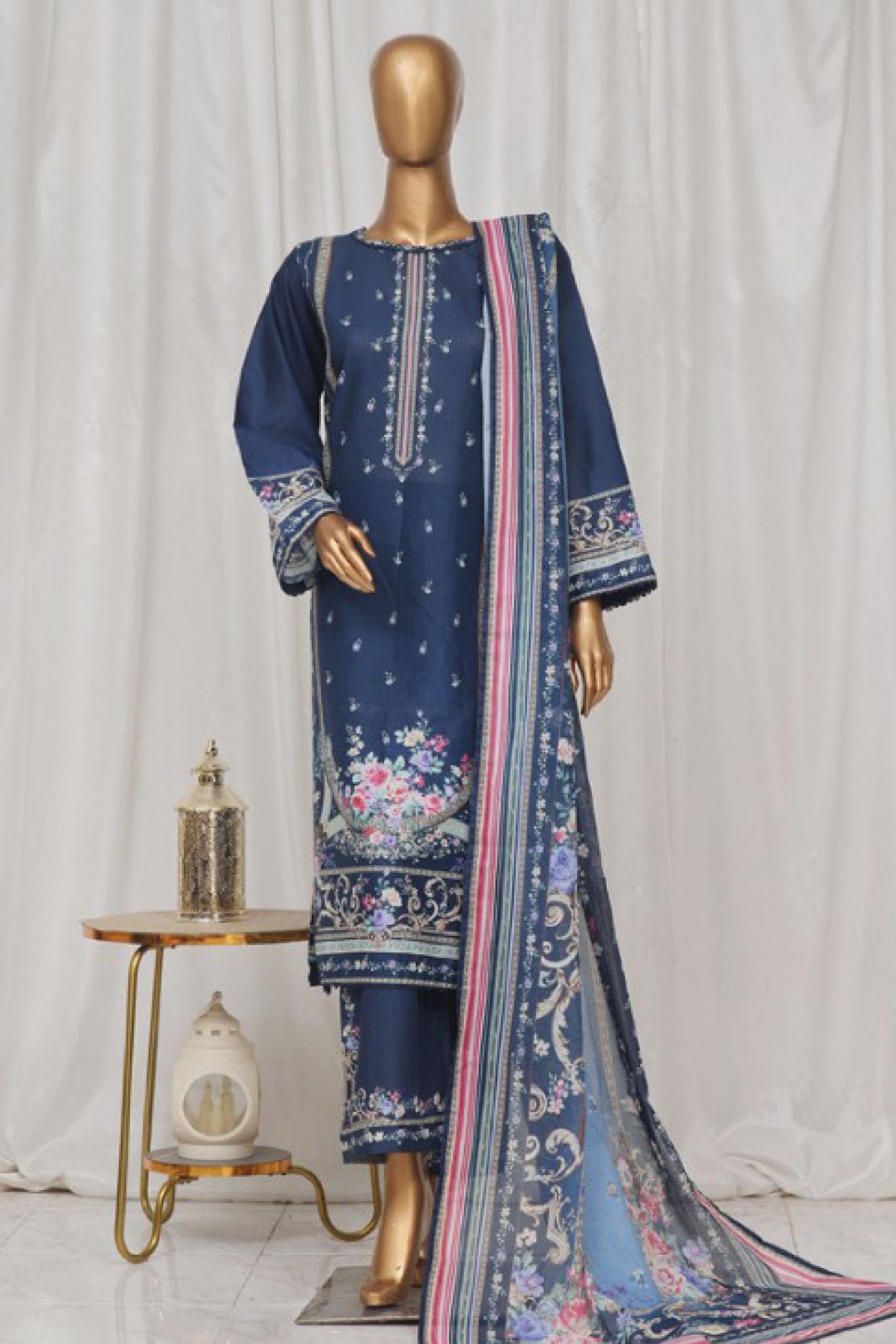 Bin Saeed Stitched 3 Piece Exclusive Printed Lawn Vol-03 Collection-SM-1370-Blue